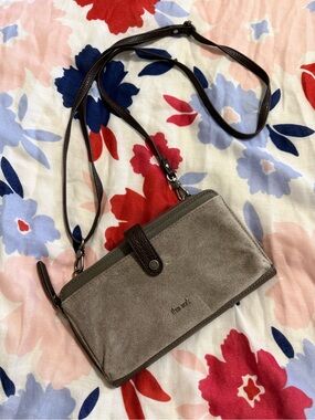 The Sak Taupe Suede Crossbody with Dark Brown Trim